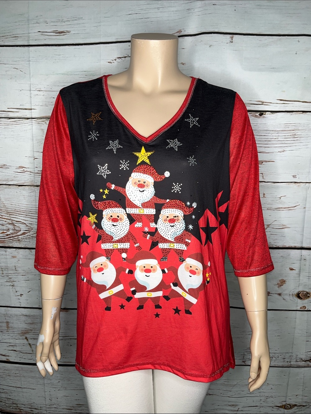 Onque Casual NWT Size 3X Red & Black Santa Christmas Embellished Blouse Top